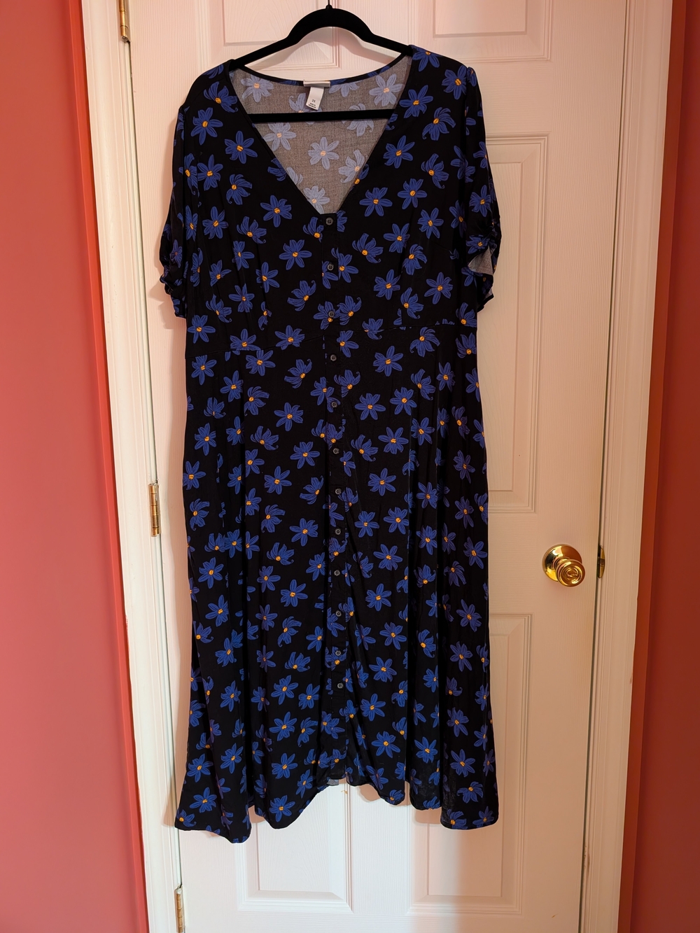 Women’s Black Floral Midi Dress with Blue Blossom Print